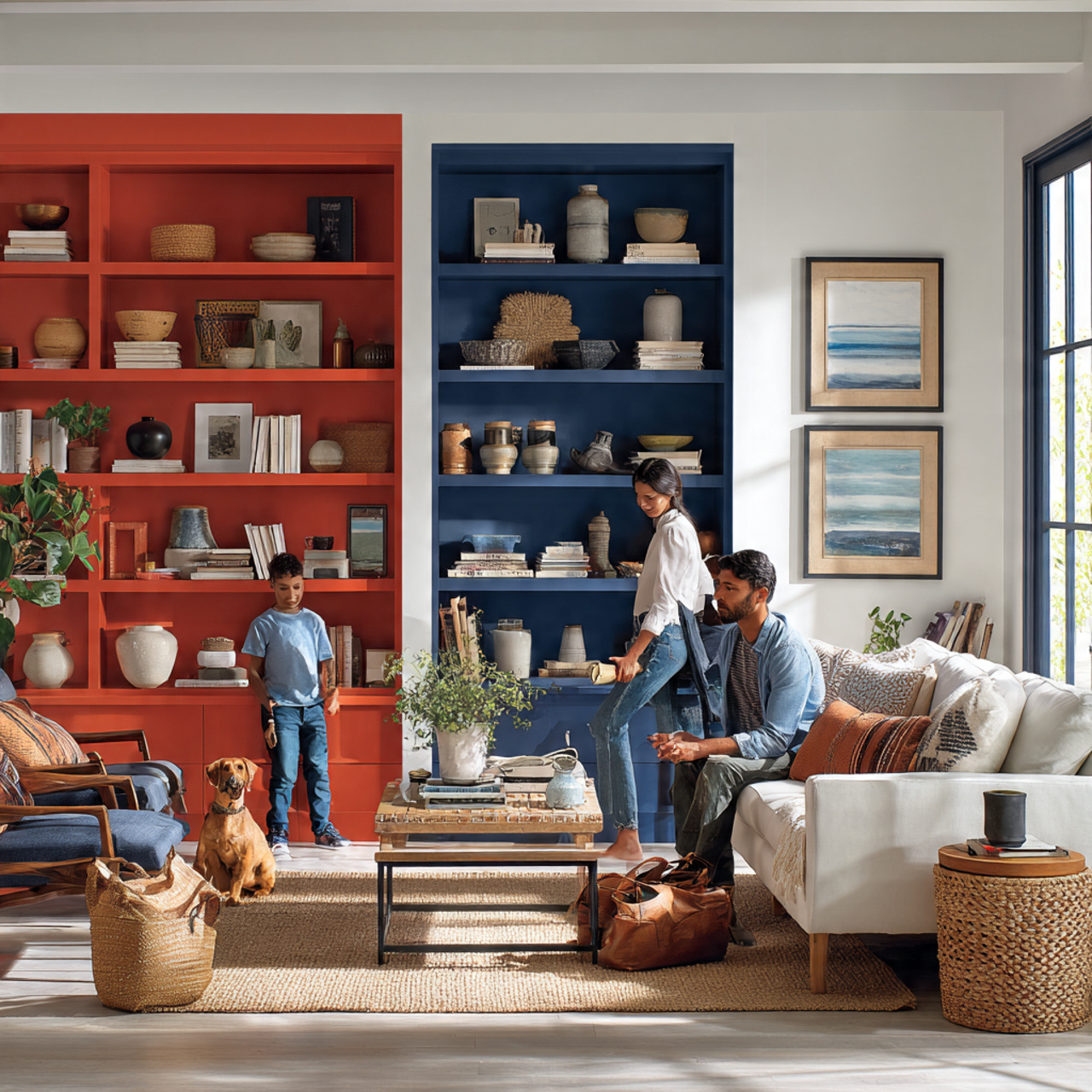 ultra realistic living room with built in shelves