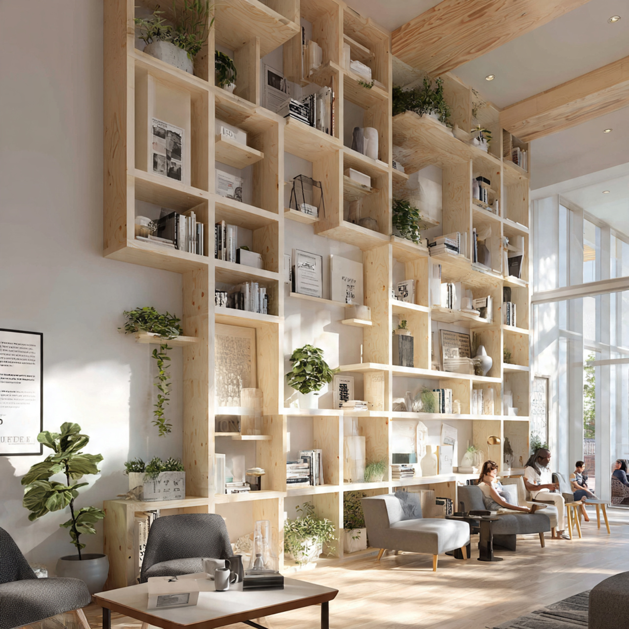 ultra realistic living room with light ash wood wa