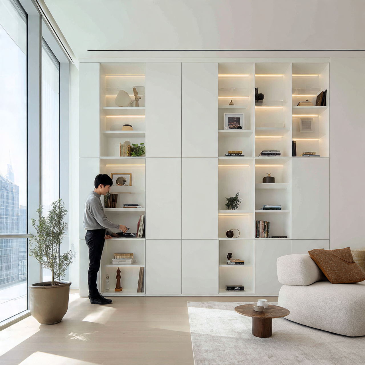 ultra realistic minimalist hidden cabinetry living
