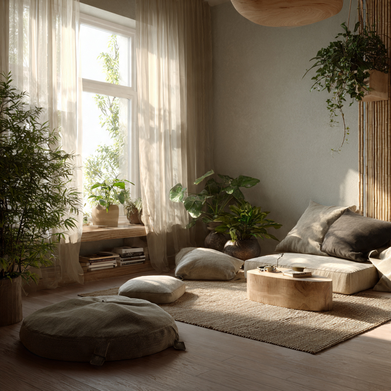 ultra realistic minimalist zen inspired living roo