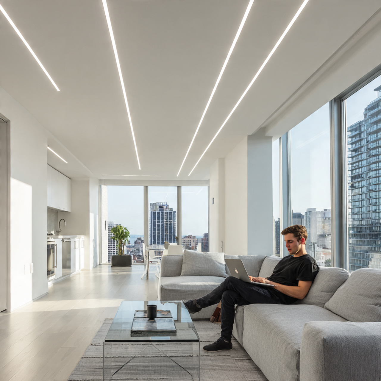 ultra realistic modern interior showcasing living