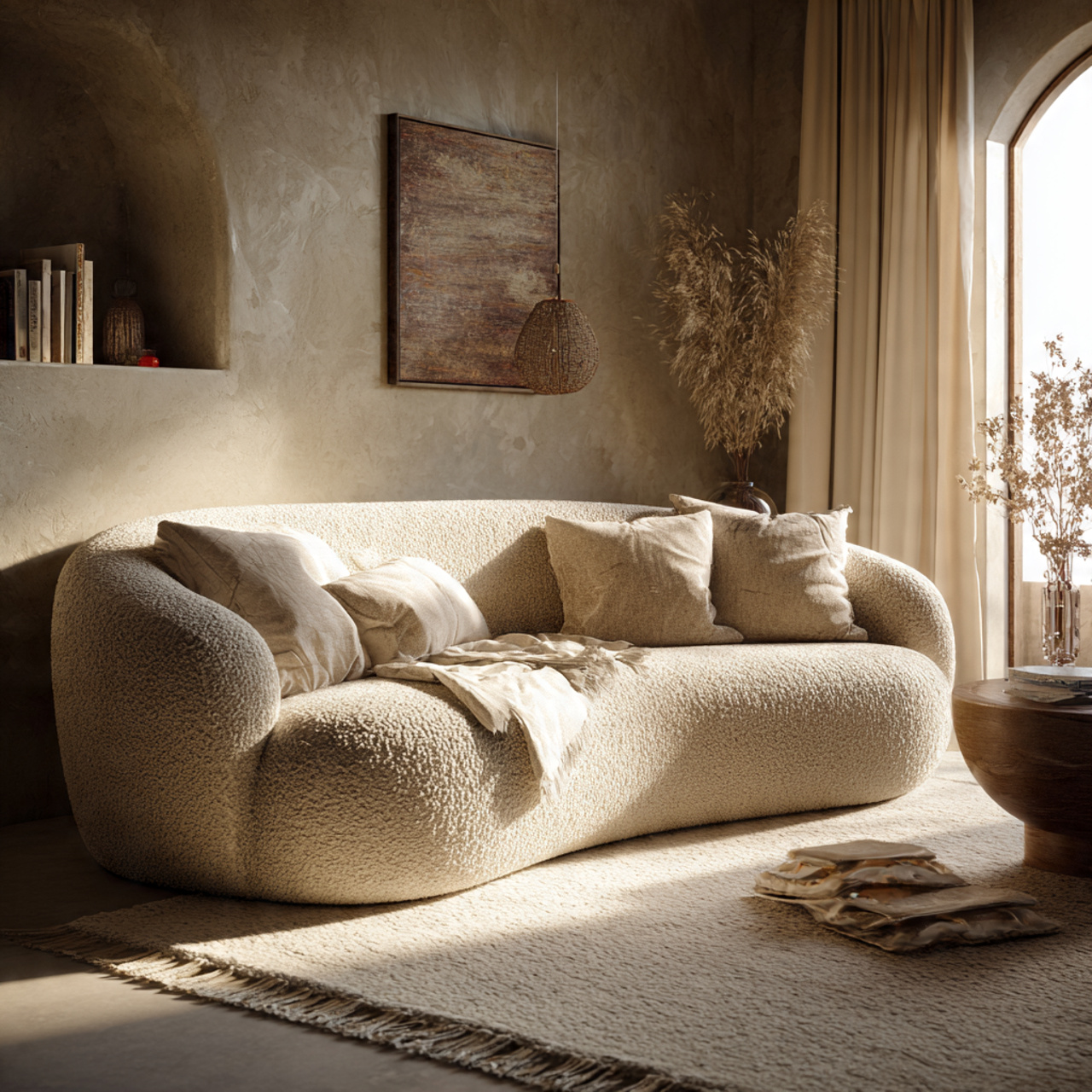 ultra realistic modern living room featuring a bou