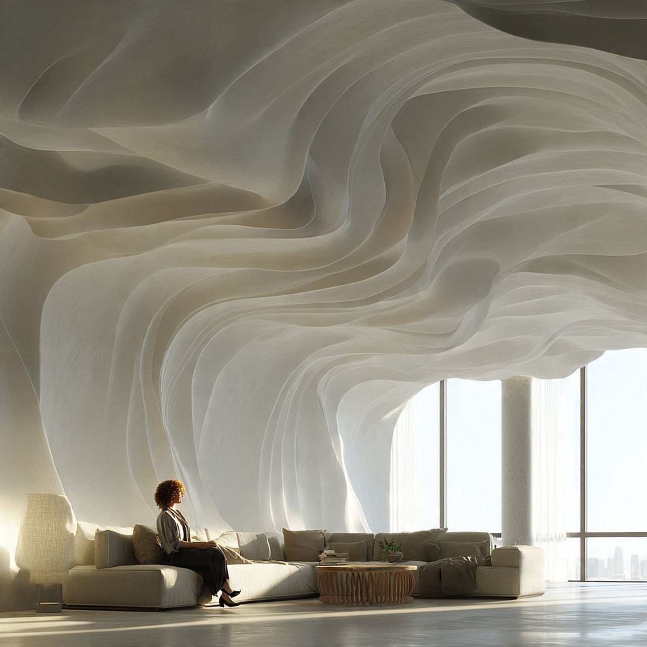 ultra realistic modern living room featuring a fal 1