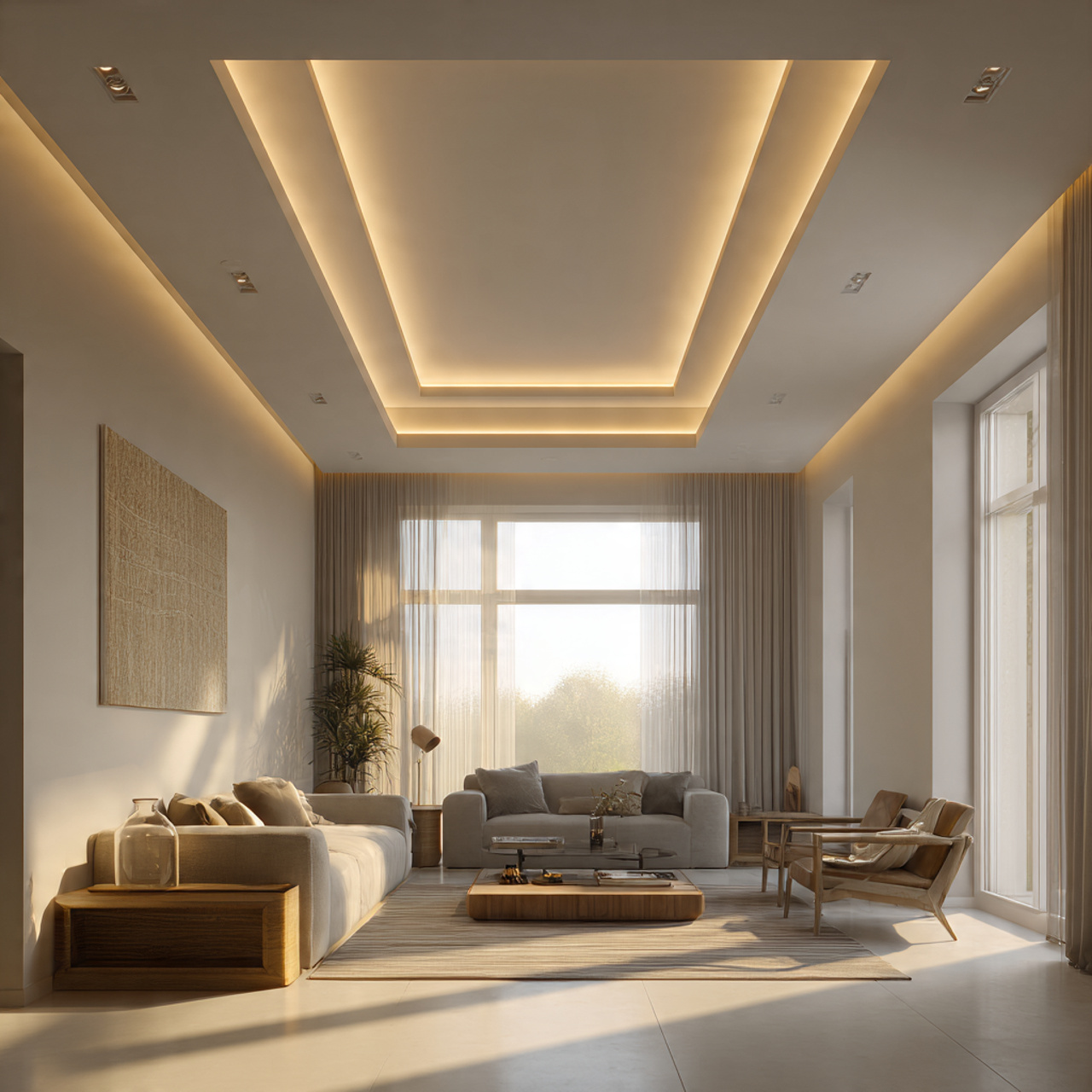 ultra realistic modern living room featuring a fal