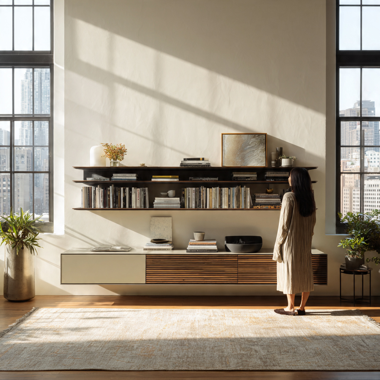 ultra realistic modern living room featuring a flo