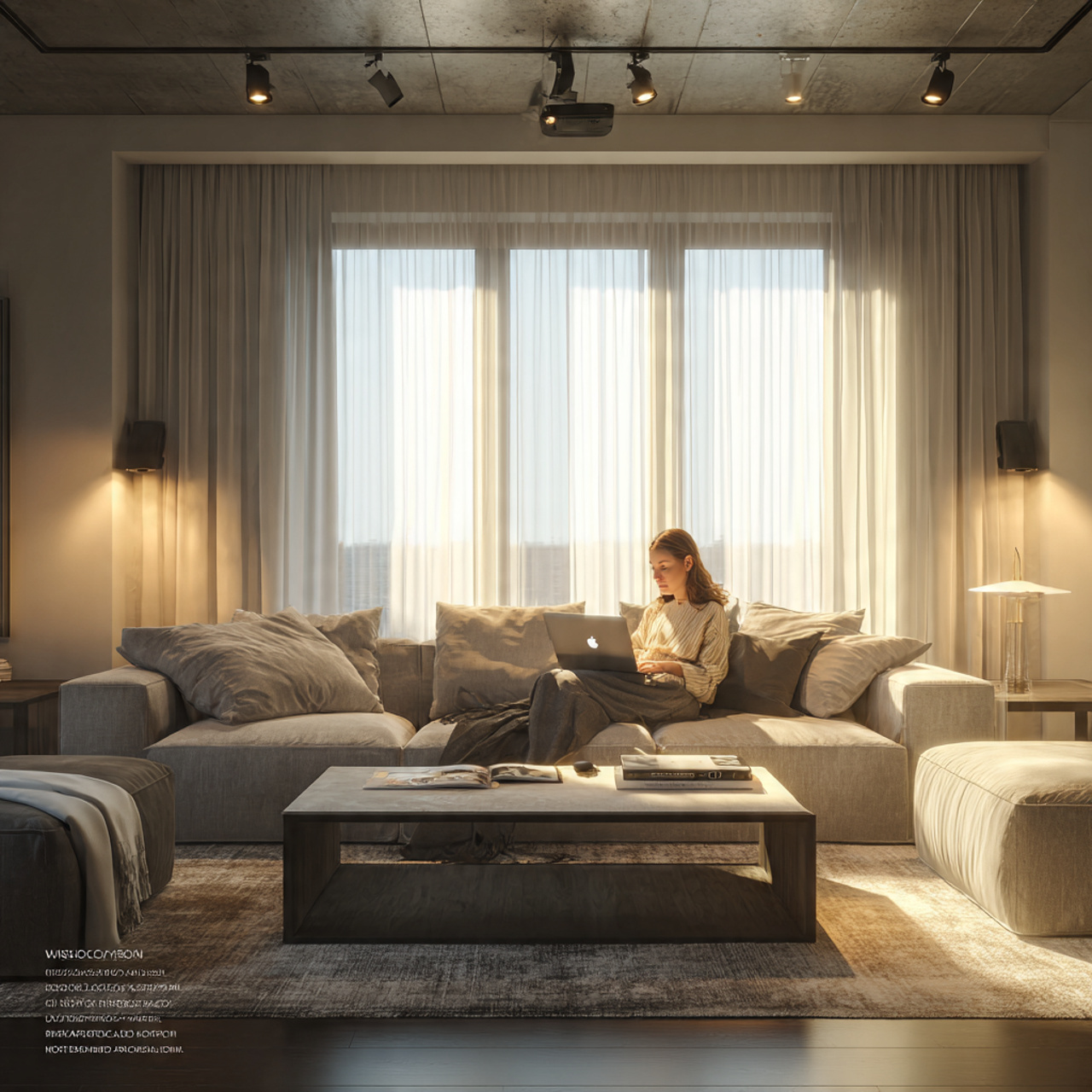 ultra realistic modern living room featuring sleek