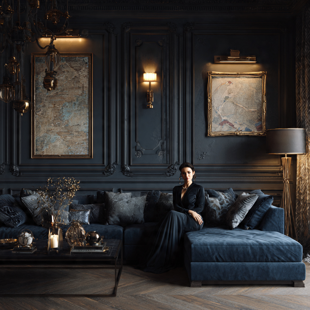 ultra realistic moody dark interior living room de