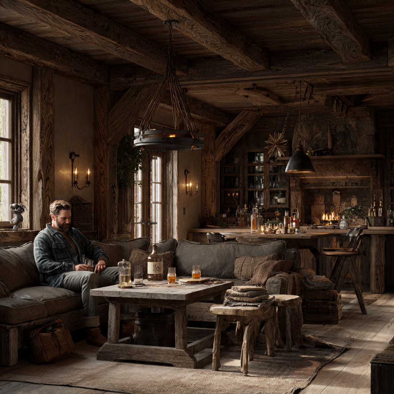 ultra realistic rustic living room with a reclaime