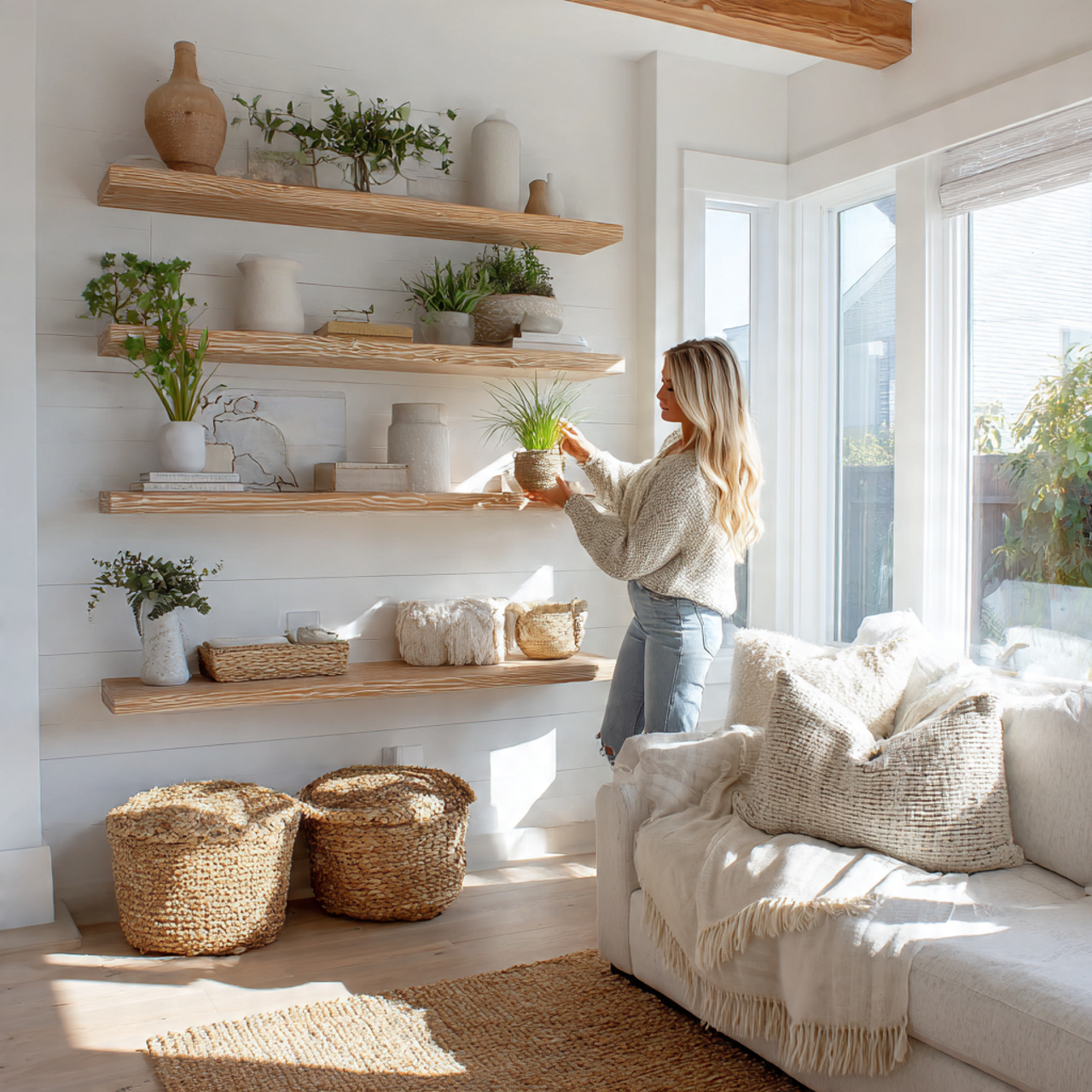 ultra realistic shiplap backed open shelving livin