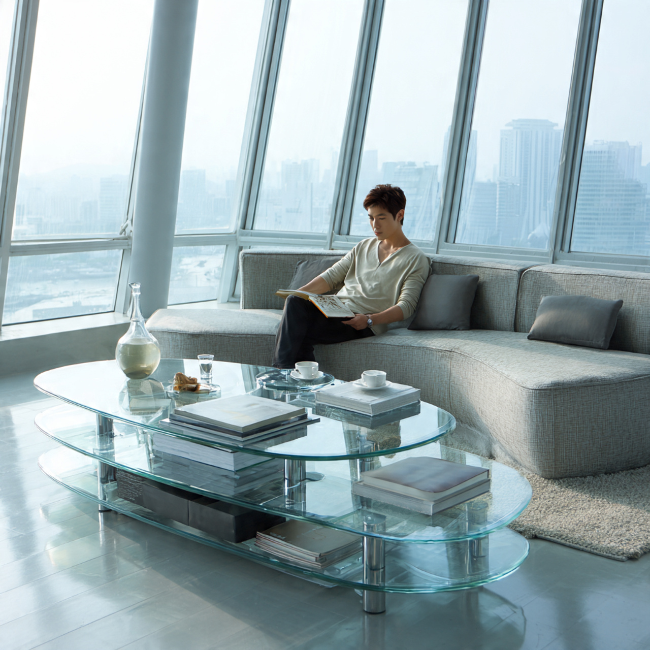 ultra realistic sleek glass surface living room de