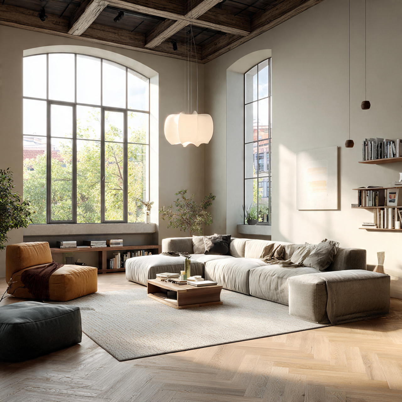 ultra realistic spacious large living room with mu