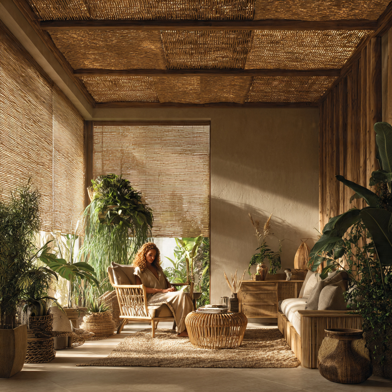 ultra realistic tropical style living room with a
