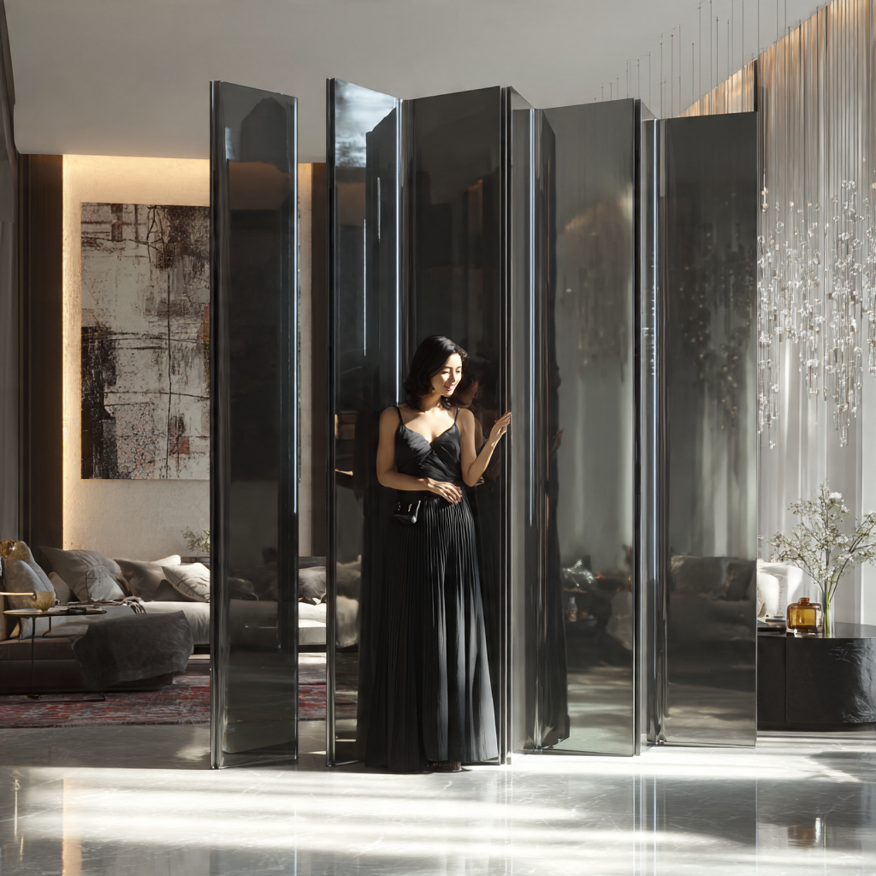 ultra realistic upscale interior featuring living