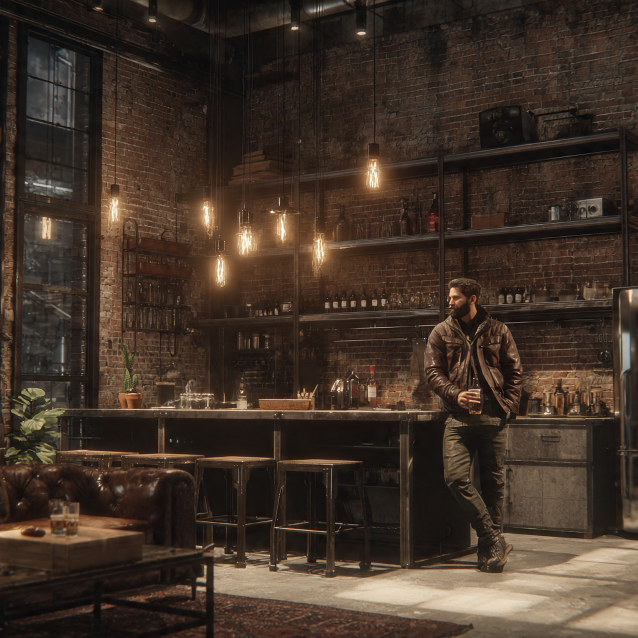 ultra realistic urban loft living room with a bric