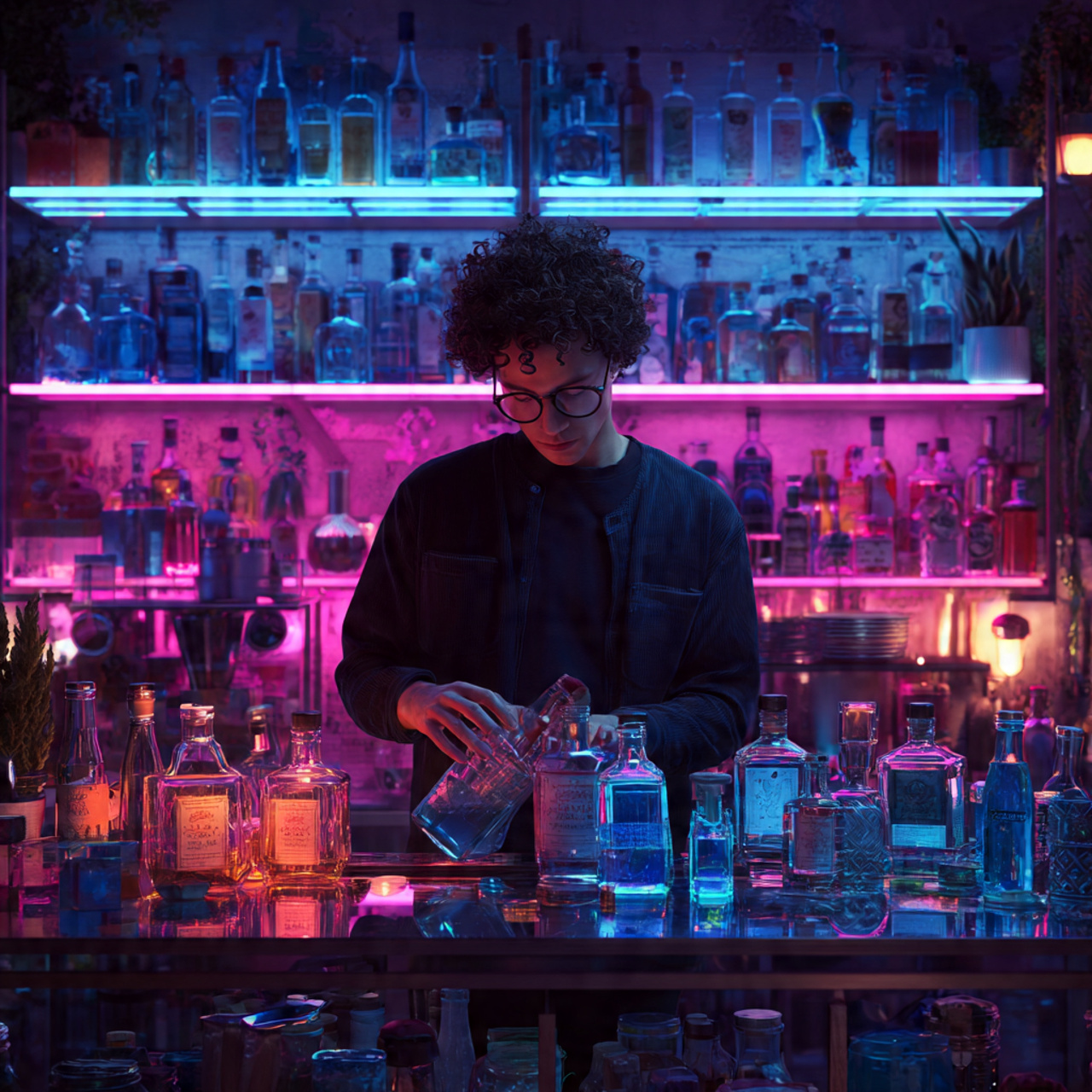 ultra realistic vibrant living room bar with neon