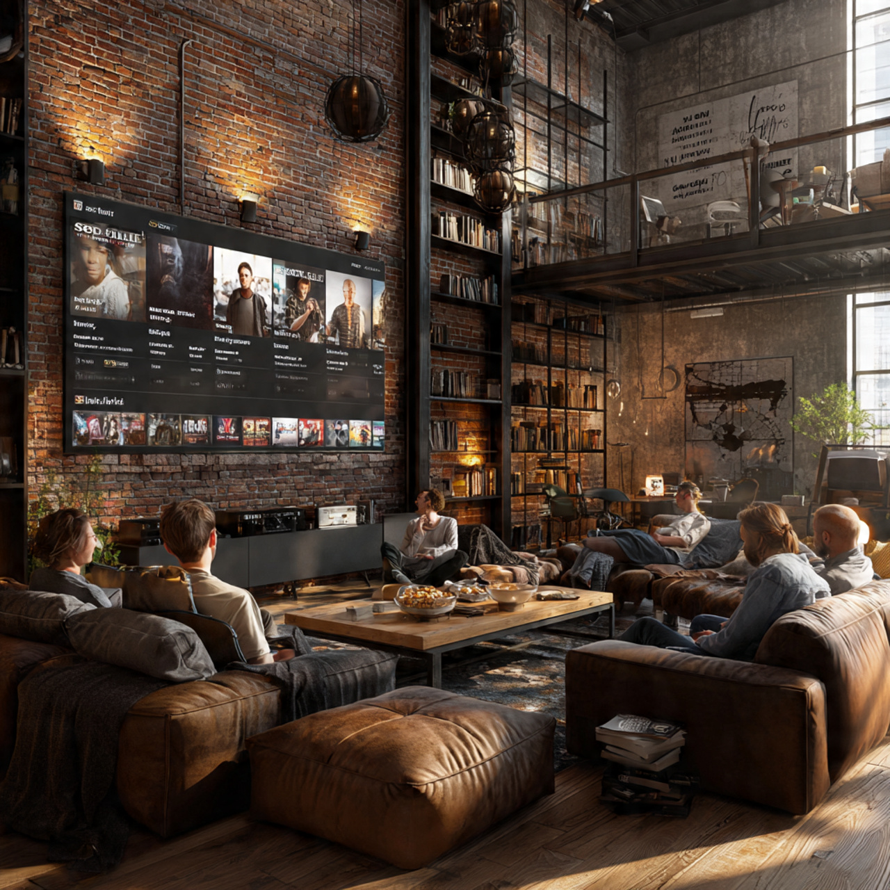 urban living room with exposed brick wall behind a