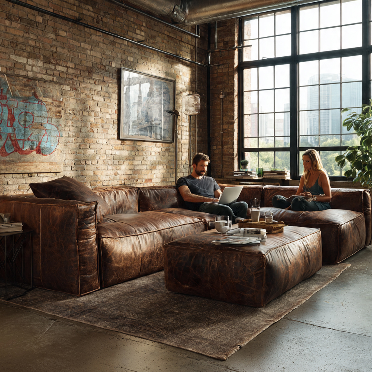 urban loft living room showcasing an industrial di