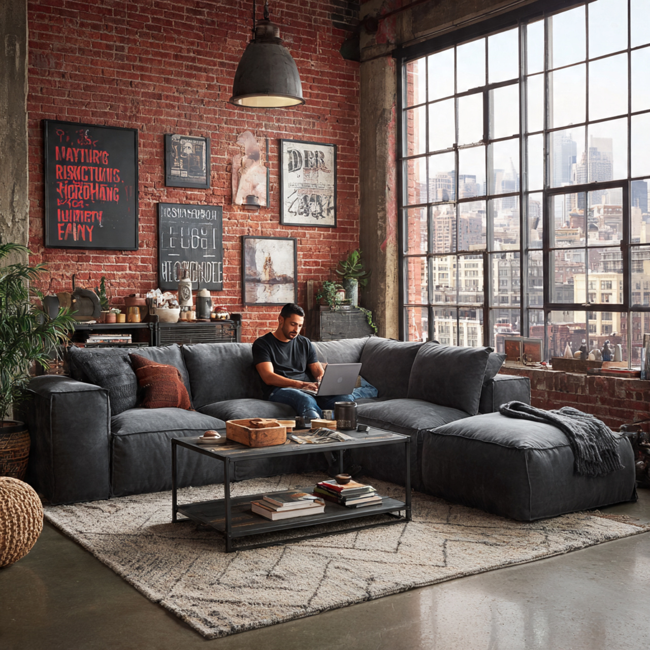 urban style living room with exposed red brick wal
