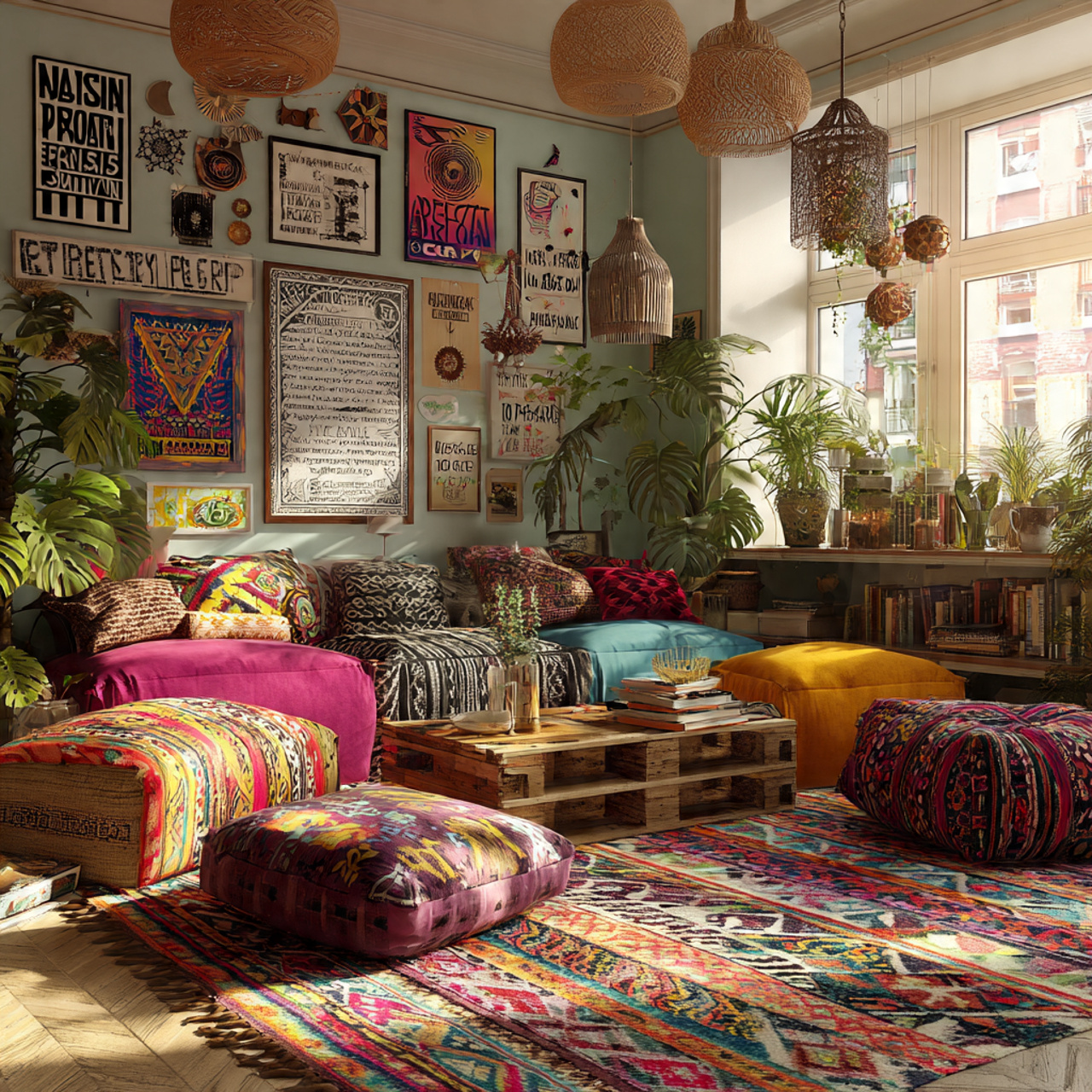 vibrant bohemian style living room with colorful p