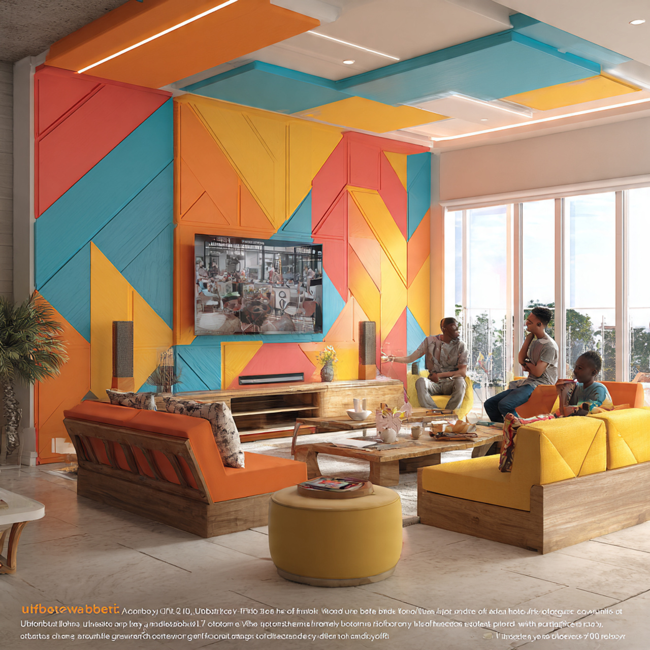 vibrant living room featuring a geometric painted 1 1