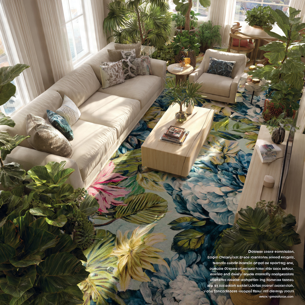vibrant living room featuring bold botanical motif