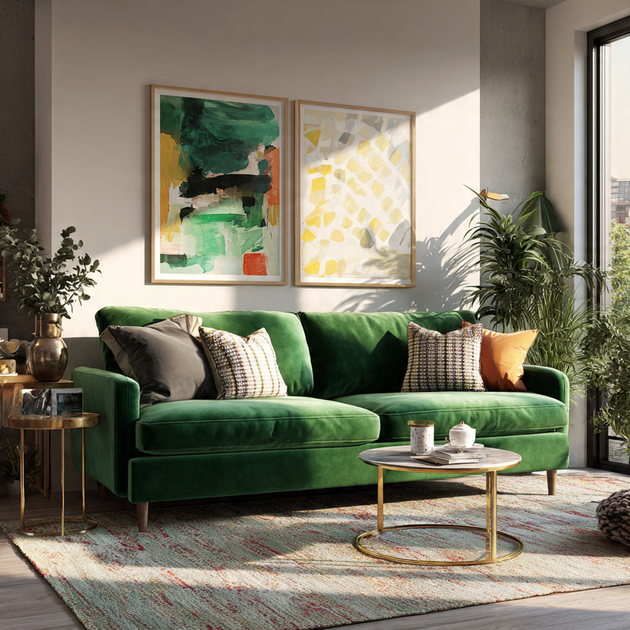 vibrant living room with an emerald green velvet s