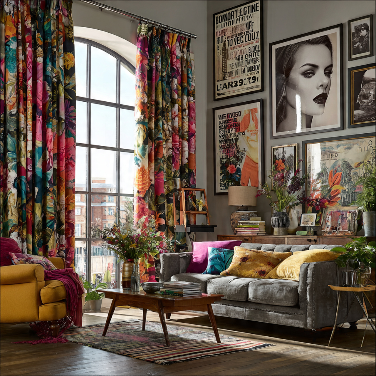 vibrant living room with bold floral maximalist dr