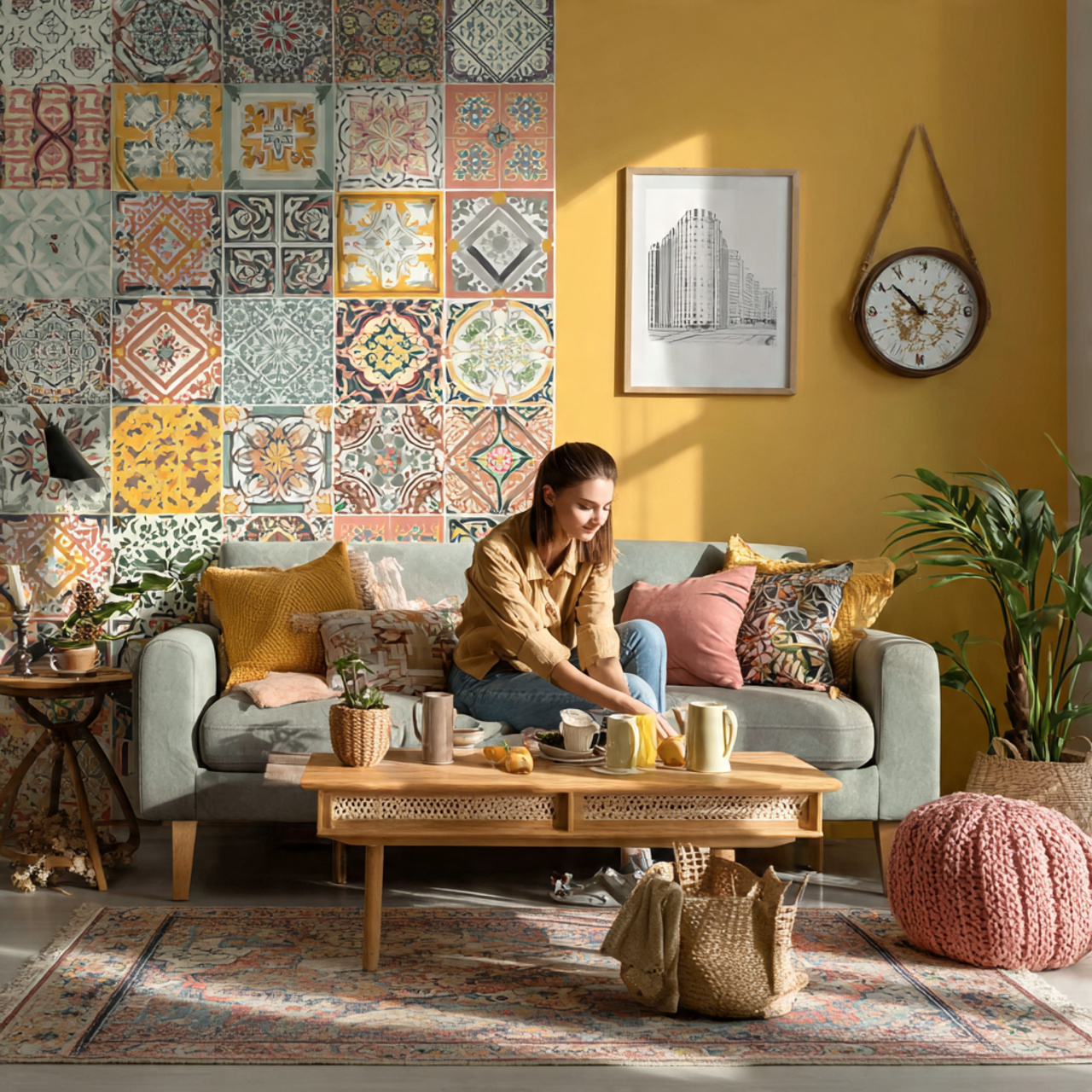 vibrant living room with colorful moroccan tile de