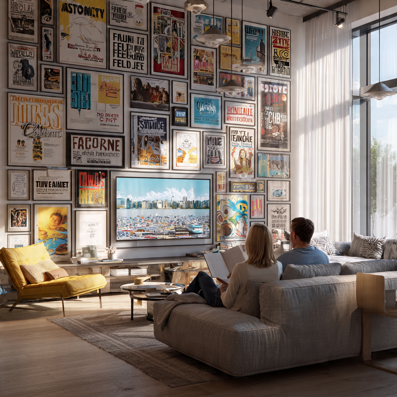 vibrant living room with tv integrated into a fram