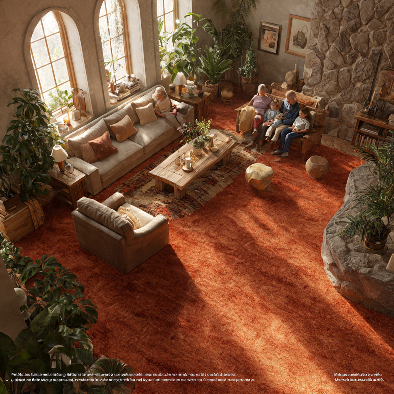 warm living room with earthy terracotta carpet nat