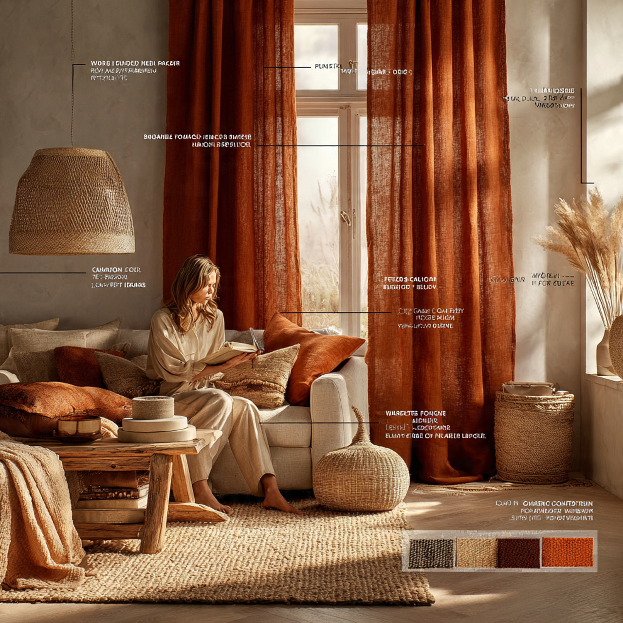warm living room with earthy terracotta linen curt